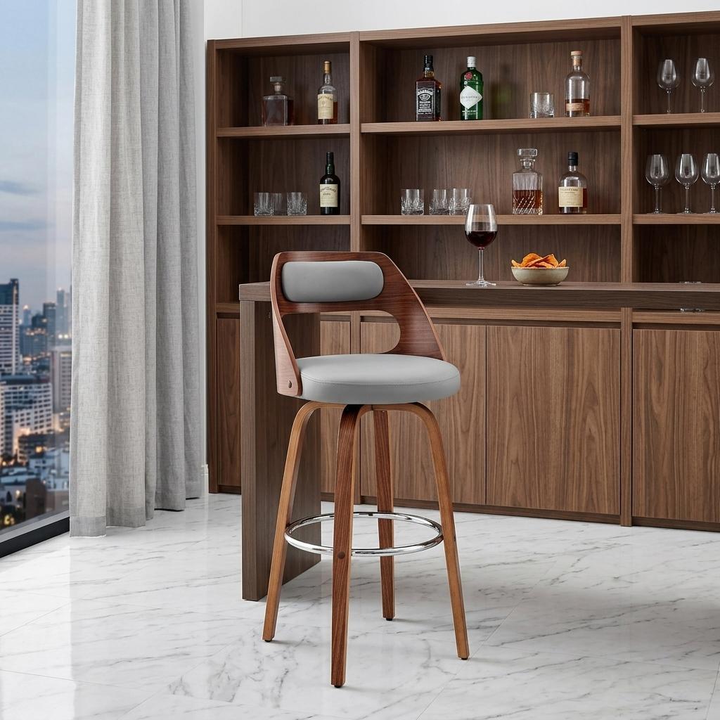 30" Gray And Brown Faux Leather And Fabric And Wood Bar Height Swivel Bar Chair - Living Room