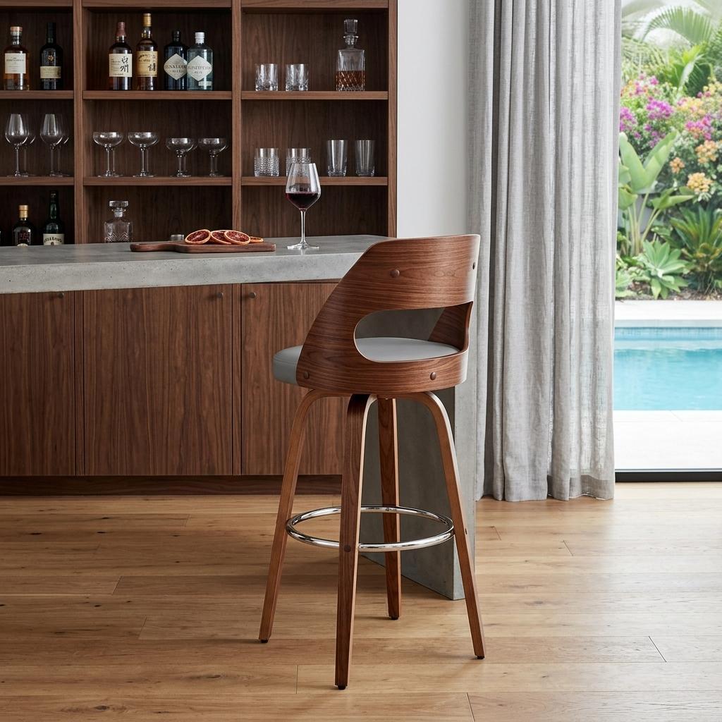 30" Gray And Brown Faux Leather And Fabric And Wood Bar Height Swivel Bar Chair - Living Room