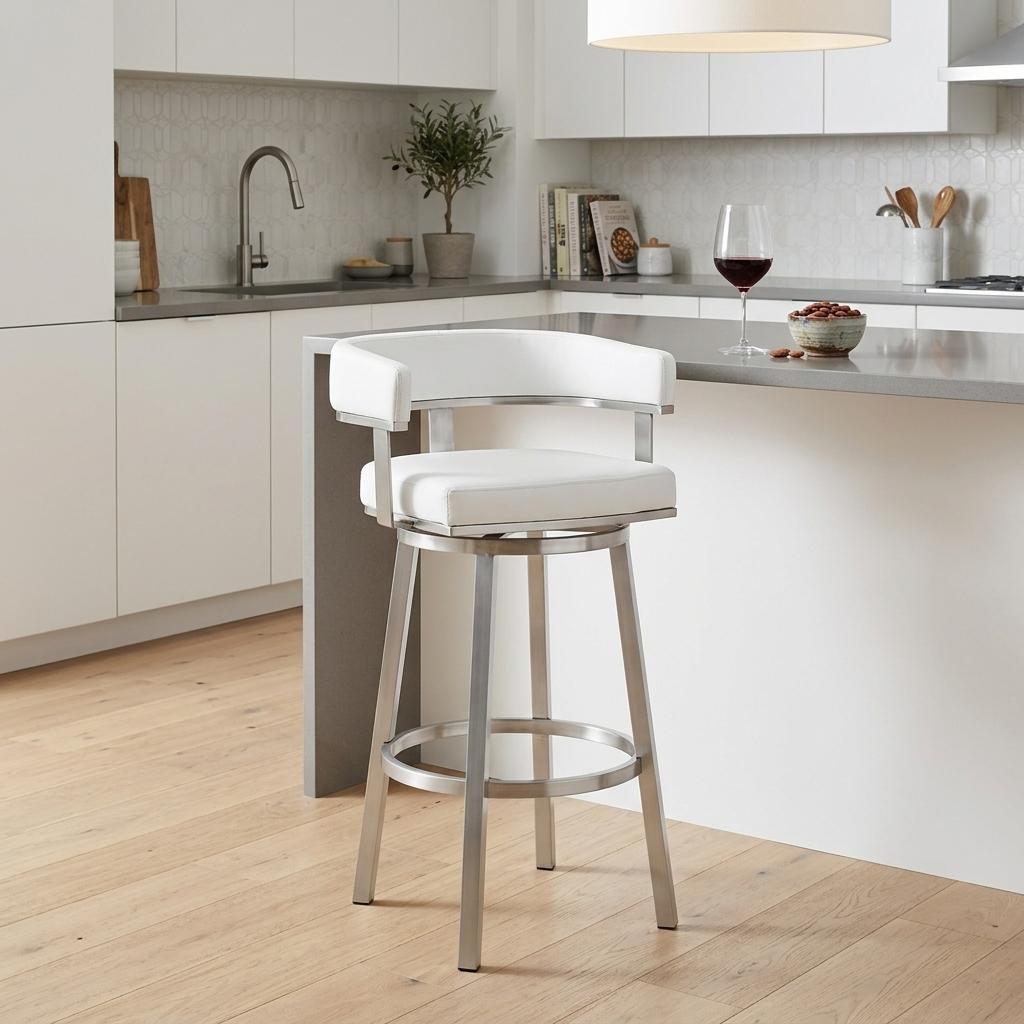 26" White And Silver Faux Leather And Fabric And Steel Low Back Counter Height Swivel Bar Chair - Living Room