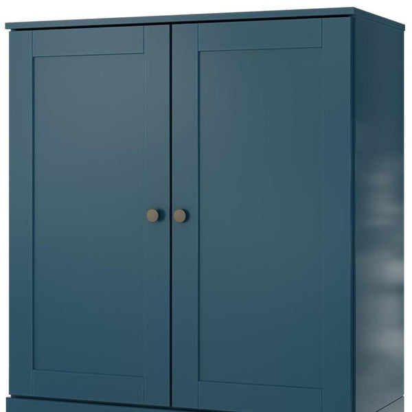 Teal blue double-door storage cabinet with round knobs, flat-panel doors, free-standing