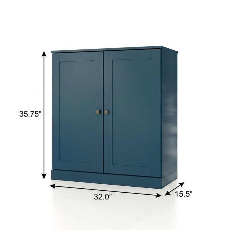 Teal blue double-door cabinet, 32.0"W x 35.75"H x 15.5"D, round knobs