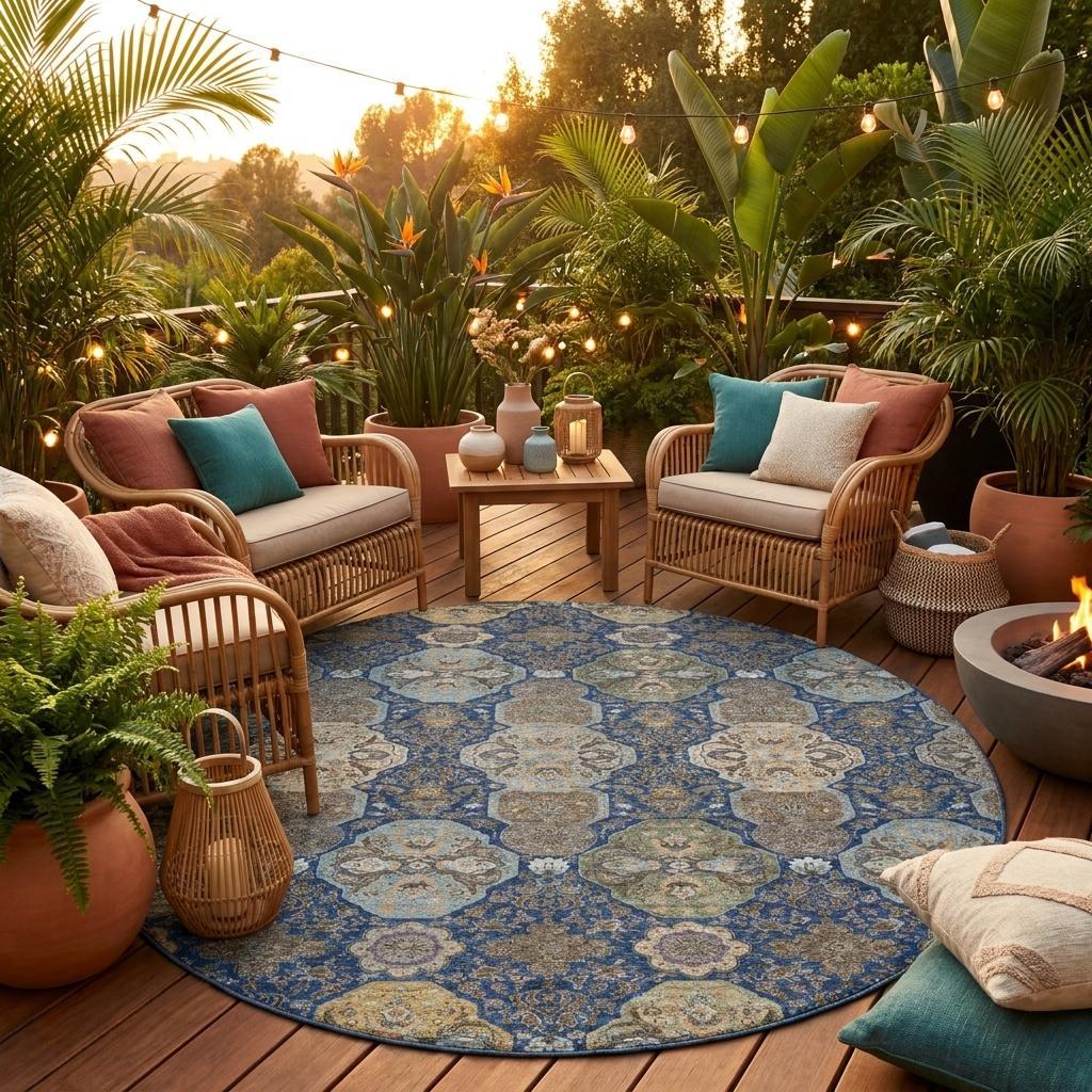 8' Navy Blue And Gray Round Floral Washable Indoor Outdoor Area Rug - Sports & Outdoor