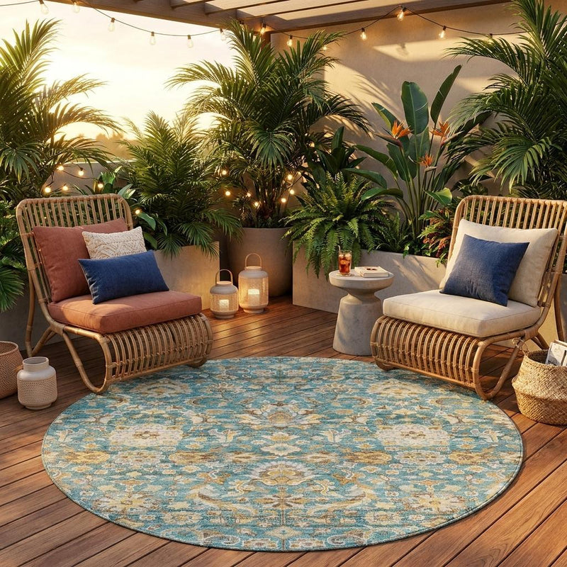 Round outdoor area rug with teal blue and beige ornate medallion floral pattern