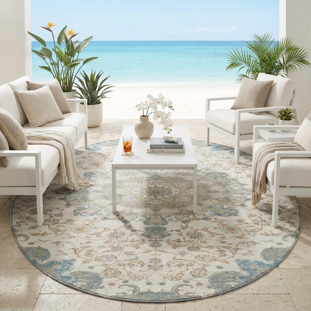 8' Ivory And Gray Round Floral Medallion Washable Indoor Outdoor Area Rug - Outdoor | blocked-missing-media,…