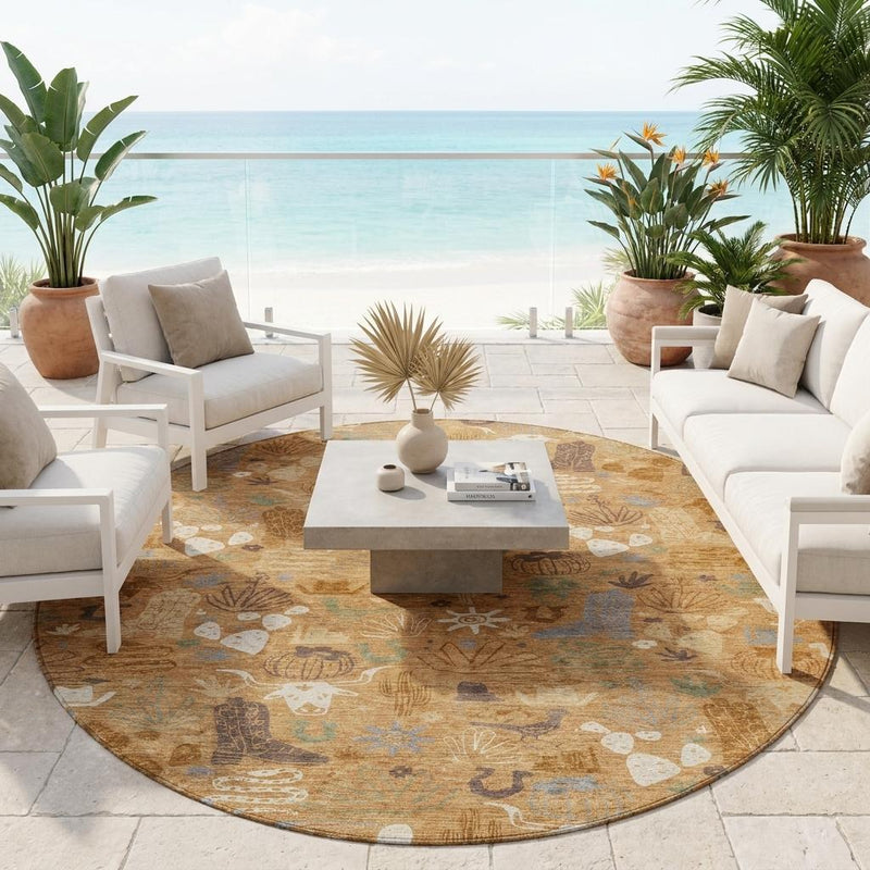 Round desert-themed area rug in patio setting, copper and teal icons on beige ground