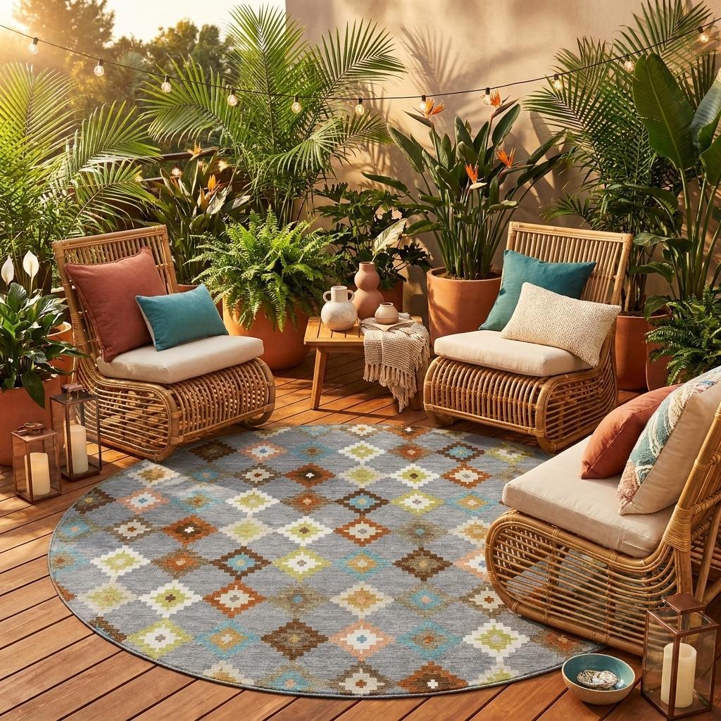 Round Aztec-pattern area rug on wood deck, grey base with blue, tan, and orange diamonds.