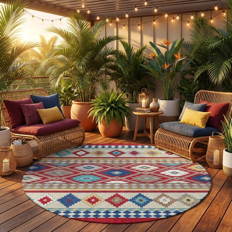Round southwestern area rug in red and ivory with diamond and cross pattern