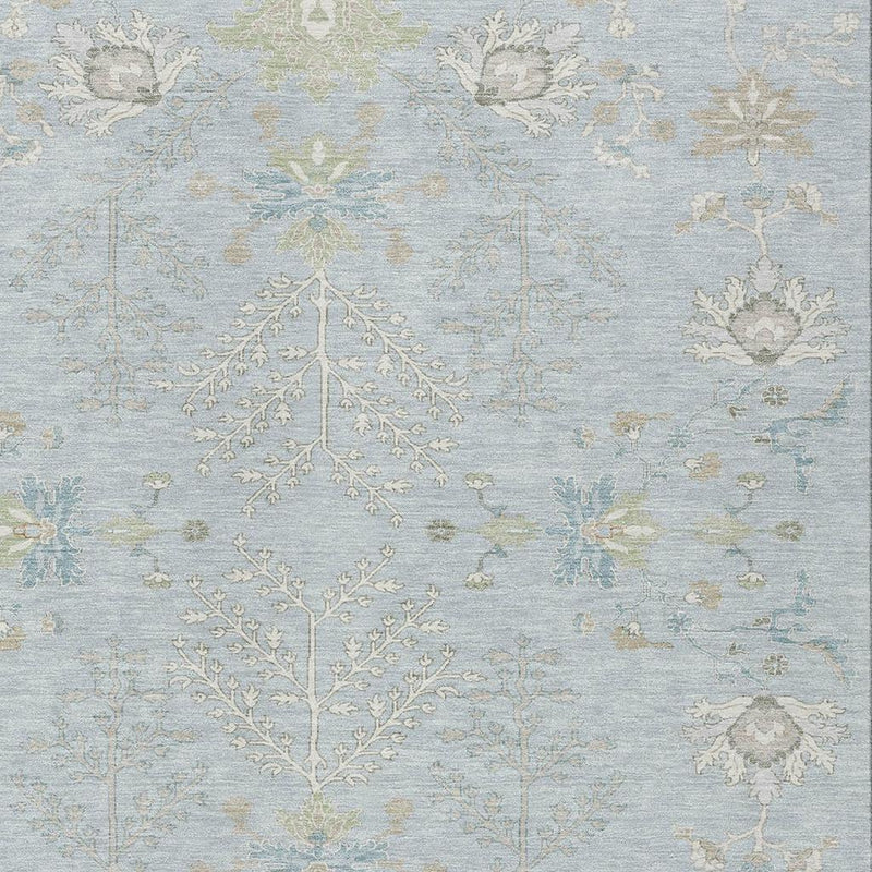 Sky blue area rug panel with ivory branch and flower motifs