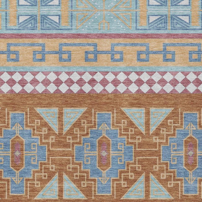 Tribal area rug pattern close-up with blue border, tan field, aqua lines, and maroon diamonds