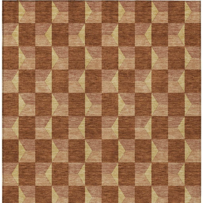 Geometric area rug showing dense brown and tan cube-like pattern with cream highlights.