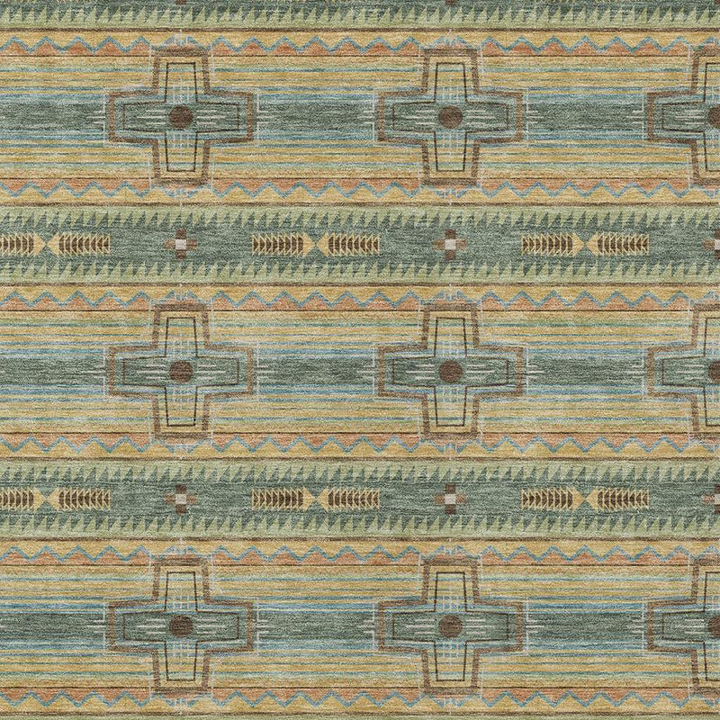Textured green and beige tribal rug featuring repeating cross-in-square design