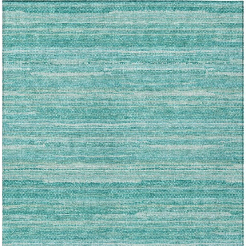 Teal and aqua striped area rug with fine horizontal texture, square layout