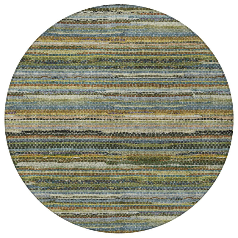 Round area rug with horizontal multicolor stripes in blue, green, and brown on light base