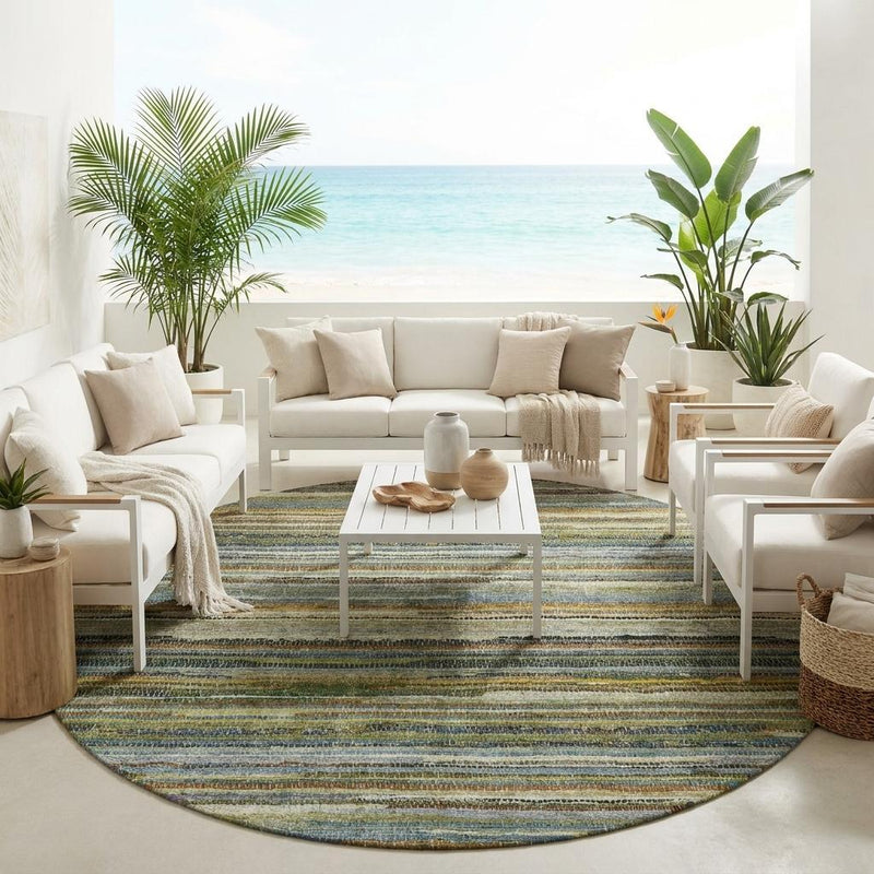 Round area rug with flat woven look and multicolor horizontal stripes in blue and green