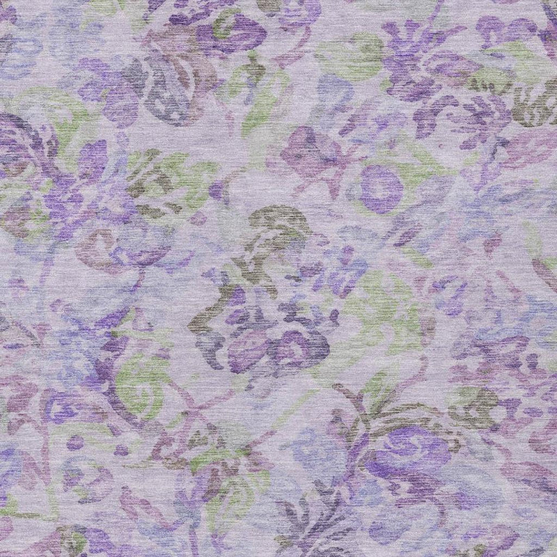 Lavender floral area rug pattern with purple, green, and gray ornamental shapes