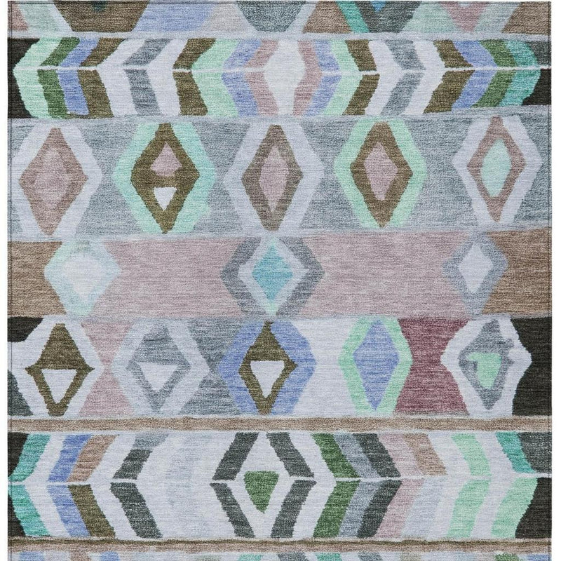 Overhead view of geometric tribal area rug with multicolor diamond bands