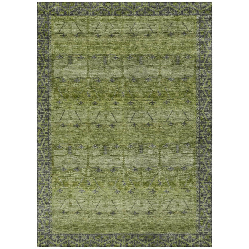 Olive green and blue tribal area rug with distressed grid pattern and patterned border