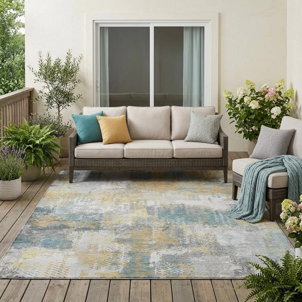 Abstract indoor outdoor area rug in silver gray with pale blue and yellow accents