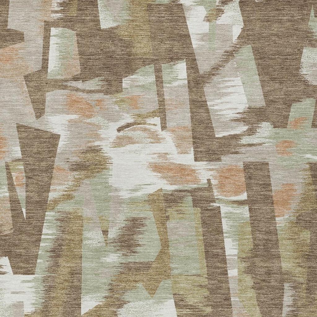 Abstract indoor/outdoor area rug with brown and beige geometric blocks and distressed texture