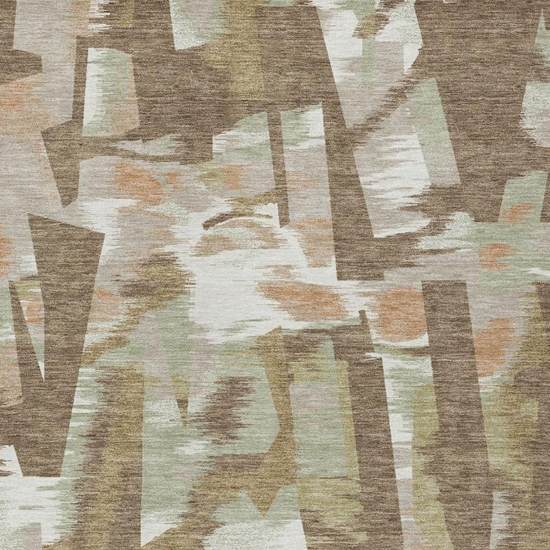 Abstract indoor/outdoor area rug with brown and beige geometric blocks and distressed texture