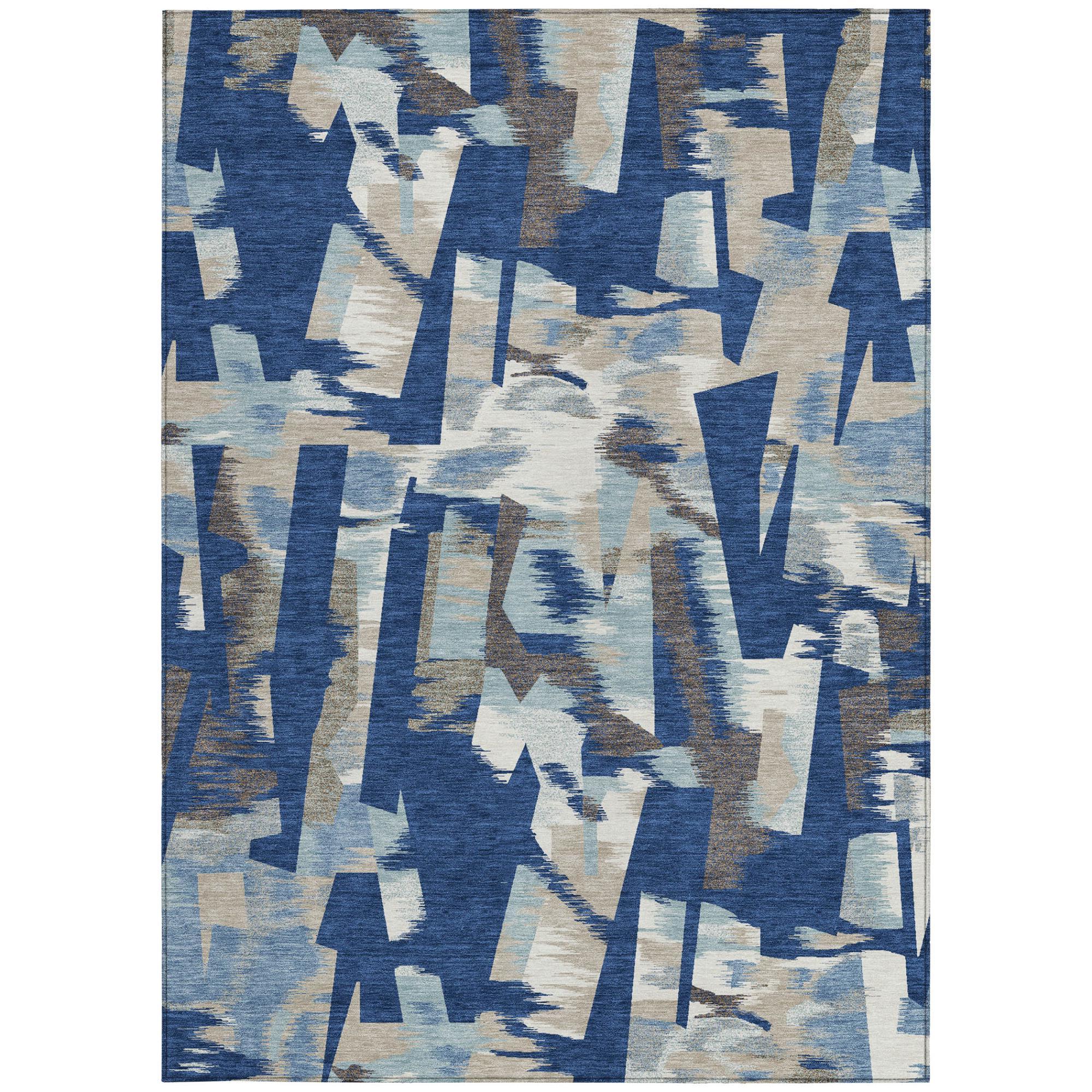 Blue and beige abstract area rug, full view with layered geometric pattern