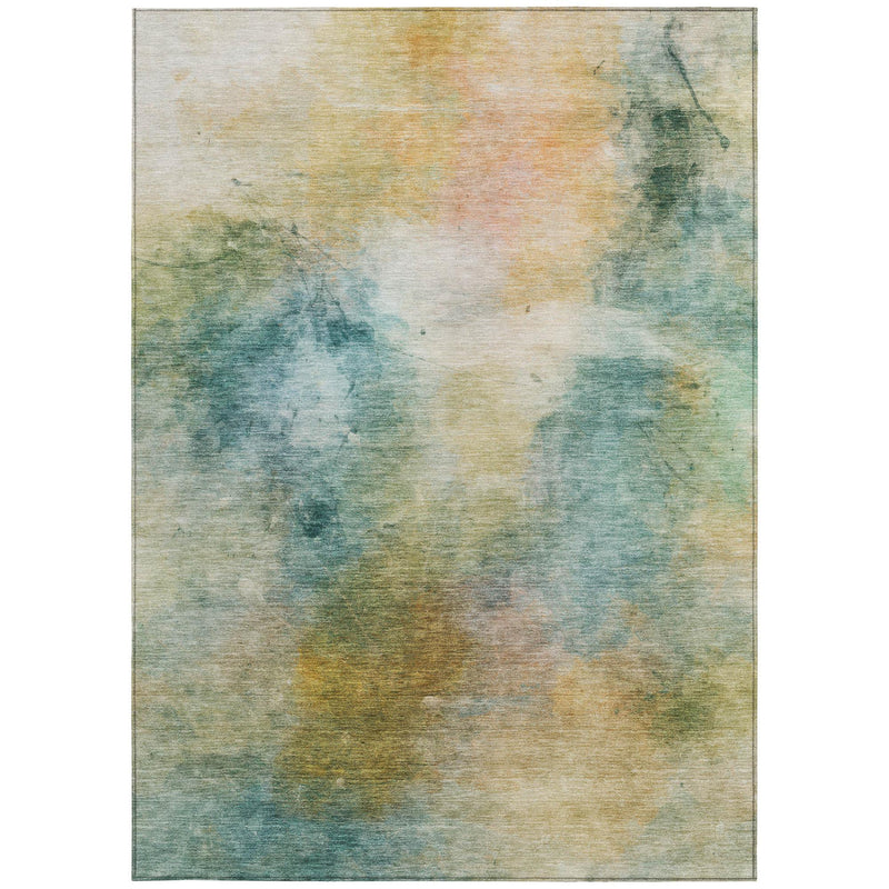 Abstract area rug with teal and peach washed look and thin border, indoor/outdoor washable