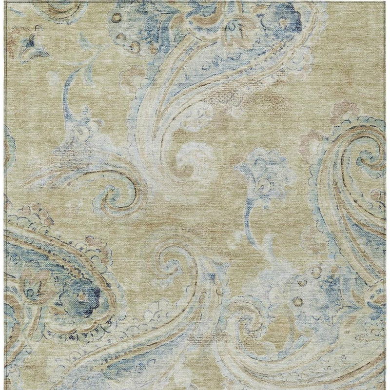 Cream wheat paisley area rug with light-blue scrolling patterns and subtle texture.