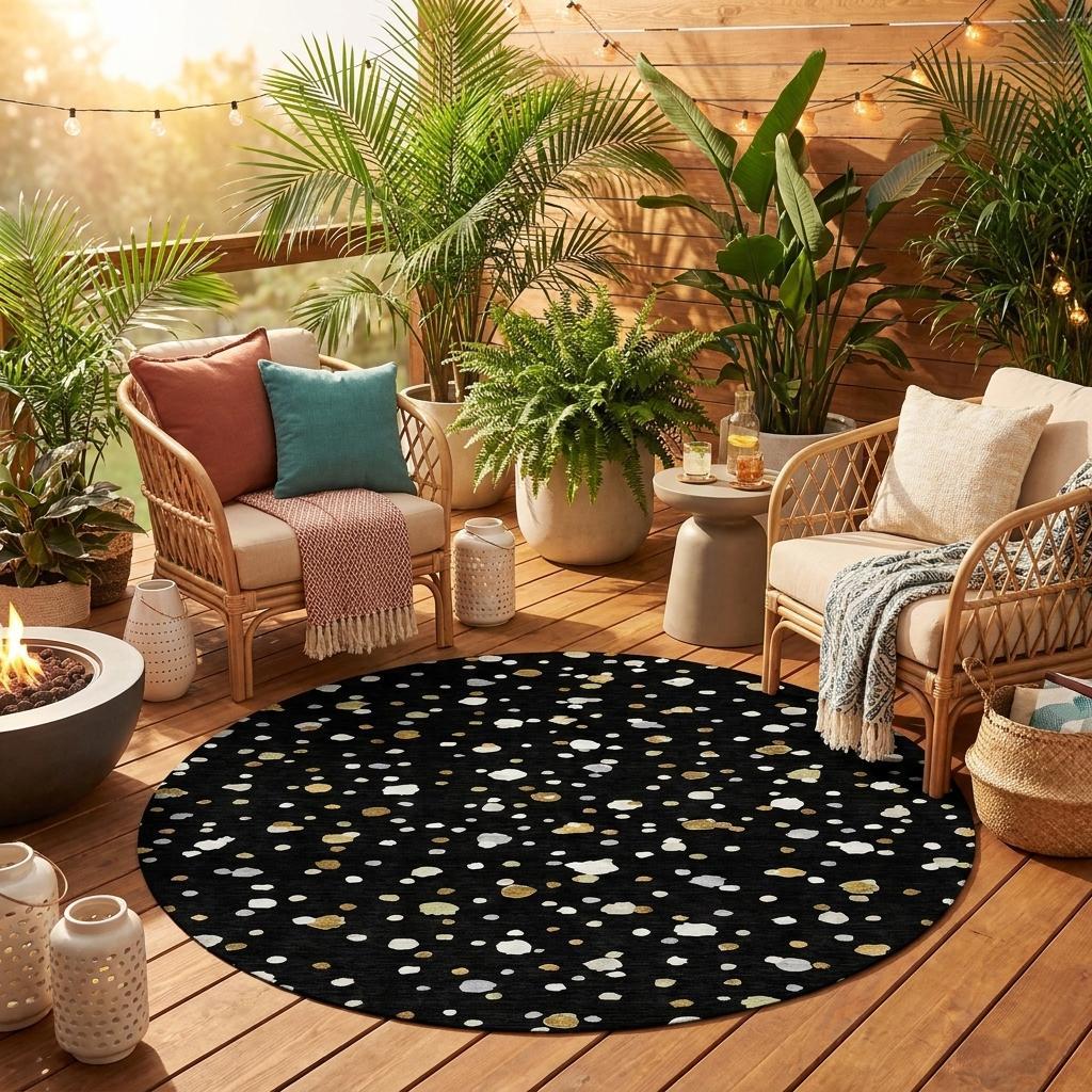 8' Black And Gold Round Geometric Washable Indoor Outdoor Area Rug - Sports & Outdoor
