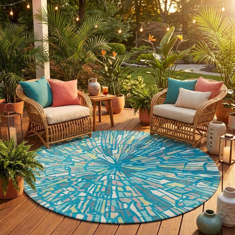Round outdoor rug with teal sunburst pattern in blue and green with cream accents.