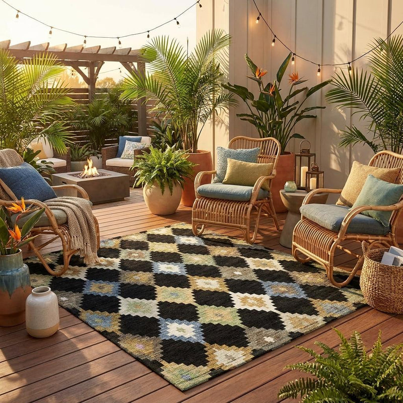 Round outdoor rug with black, beige, and blue Aztec chevron diamond pattern