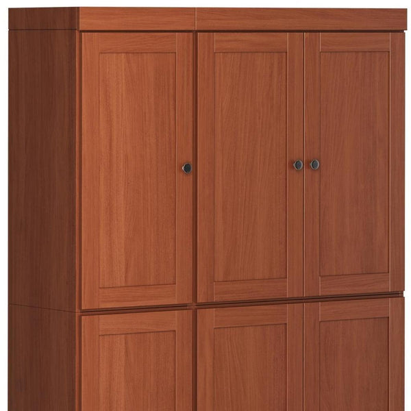 Solid wood pantry cabinet with upper double doors and lower cabinet doors, brown finish