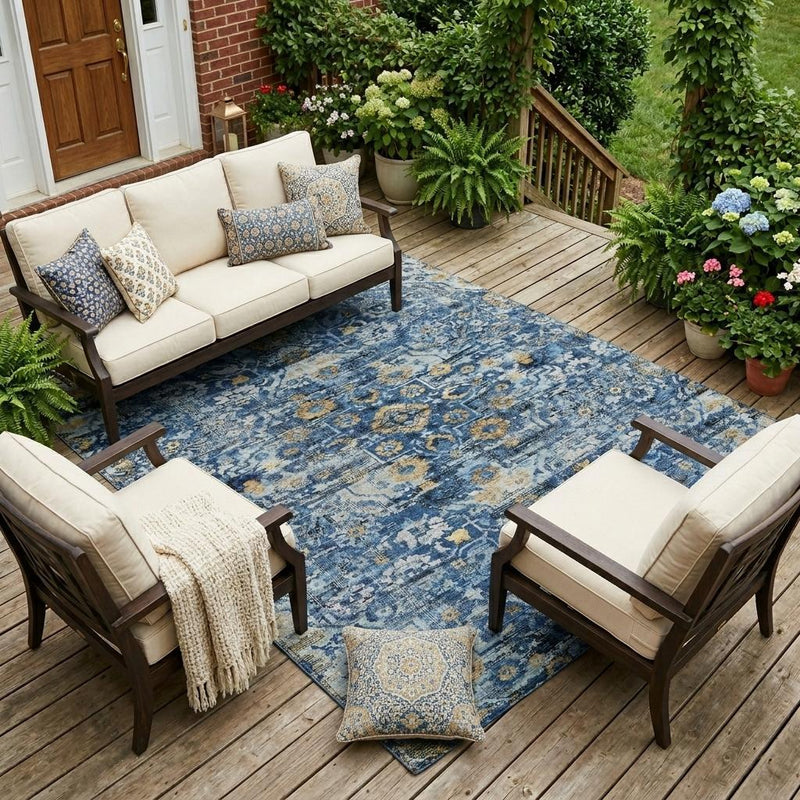 Indoor/outdoor area rug with blue and navy medallion floral motif on patio