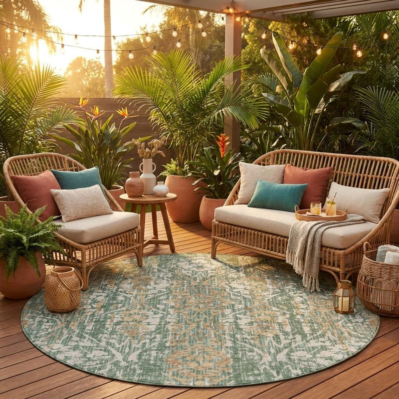 Round damask area rug with sage green, beige, and tan pattern for indoor or outdoor use