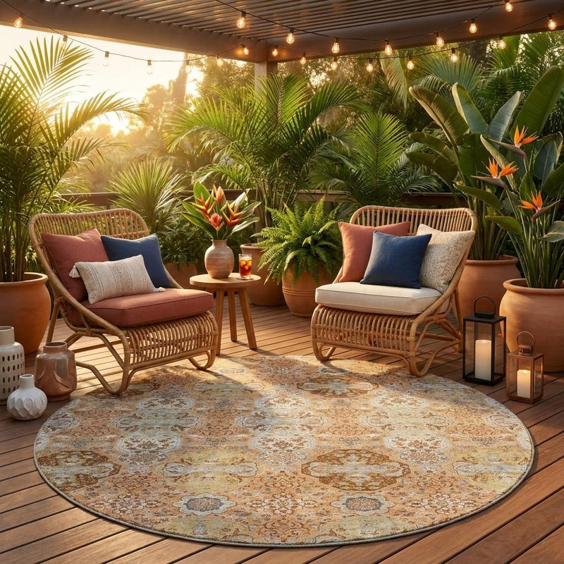 Round indoor outdoor area rug with ornate floral pattern in copper, orange, and blue tones.