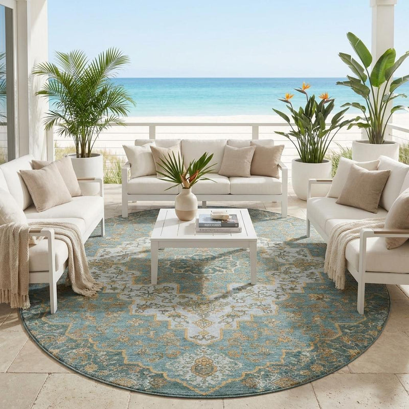 Round medallion area rug in teal and cream with ornate geometric accents