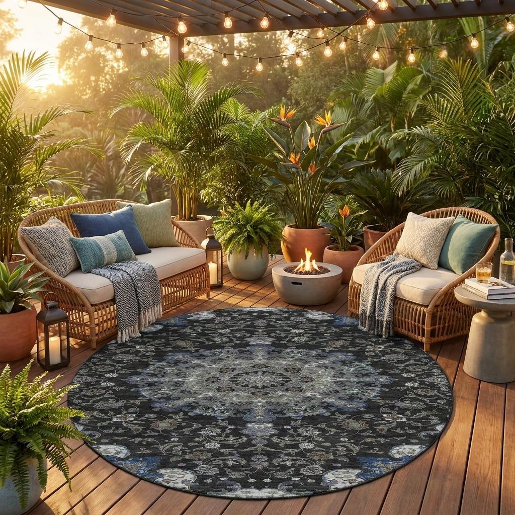 8' Black And Charcoal Round Floral Medallion Washable Indoor Outdoor Area Rug - Sports & Outdoor