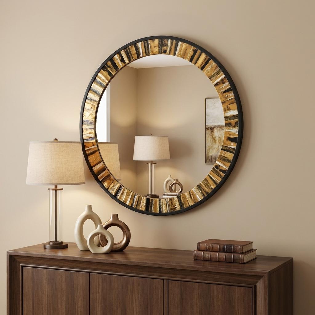 32" Brown and Black Faux Stone Round Framed Accent Mirror - Bed & Bath