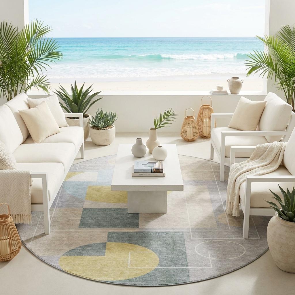 8' Silver And Sky Blue Round Geometric Washable Indoor Outdoor Area Rug - Sports & Outdoor