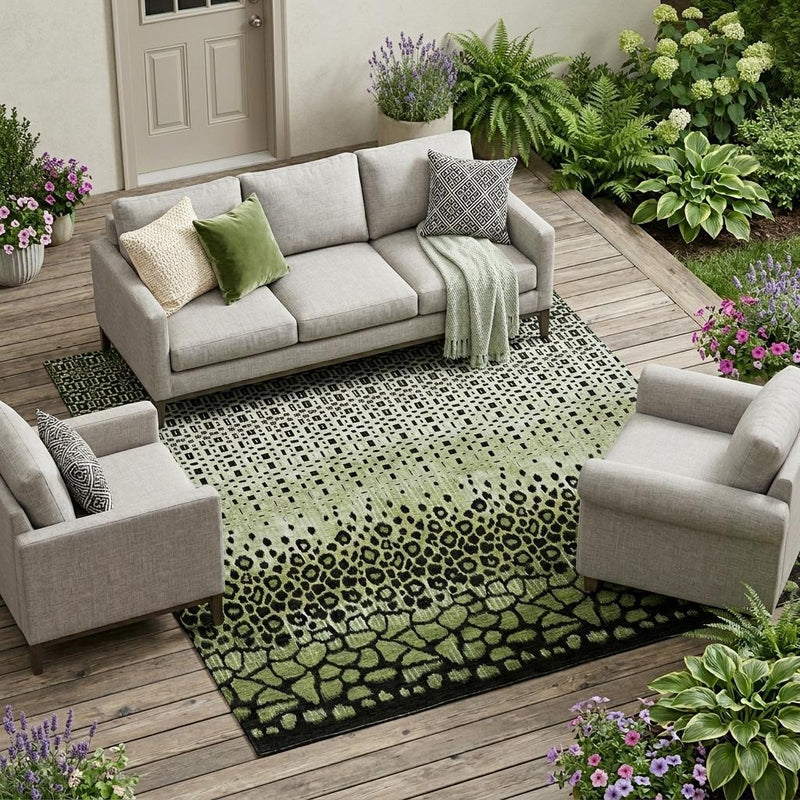 Green and black animal-print area rug with rounded scale pattern and textured weave