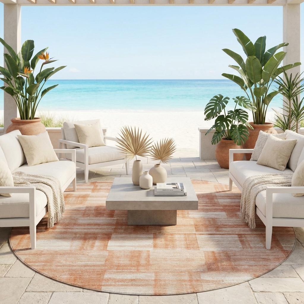 Round area rug featuring cream and salmon rectangular patchwork with rust-copper tones