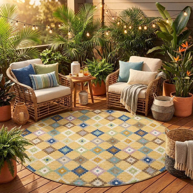 Round area rug with beige-gold and blue/teal diamond pattern on an outdoor patio.