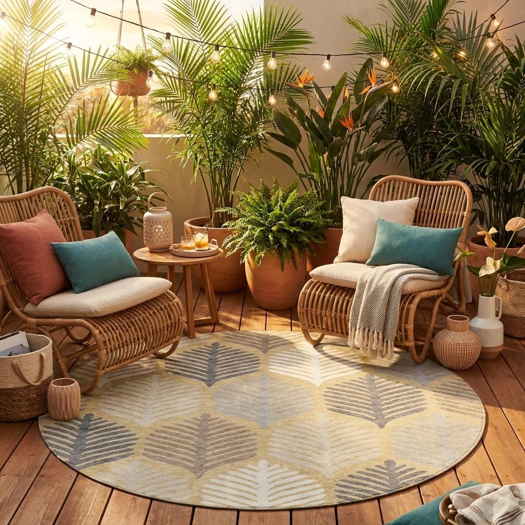 Round indoor/outdoor area rug with ivory base and blue-gray leaf pattern