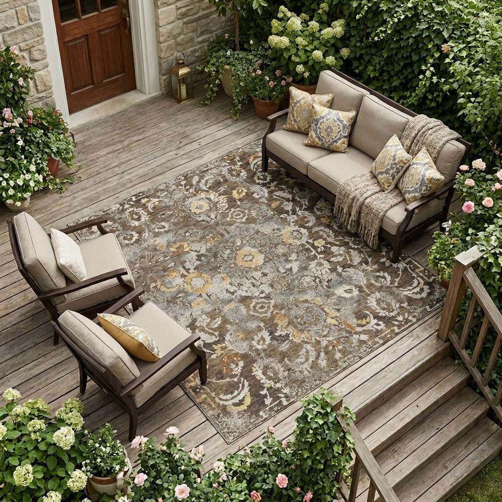 Floral distressed area rug with gray, brown, and beige scroll pattern