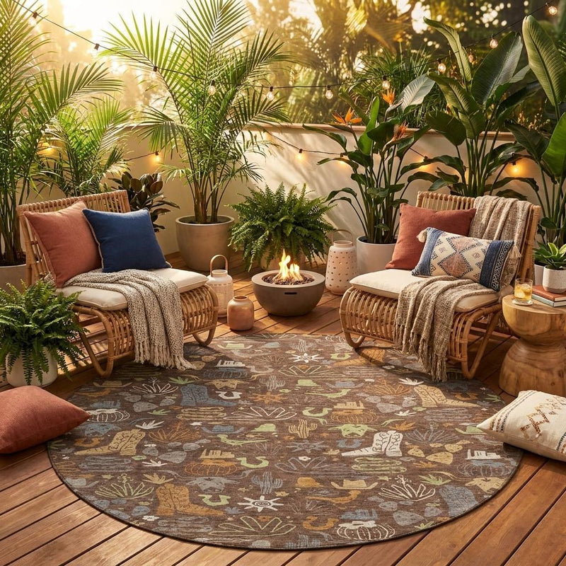 Round indoor/outdoor area rug with cactus and desert icons in brown, beige, and green