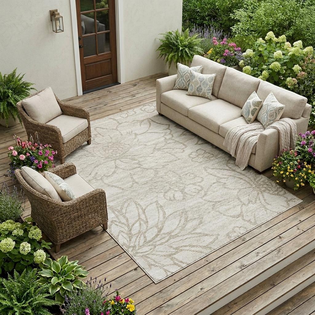 Ivory and silver floral indoor outdoor area rug on wooden patio deck