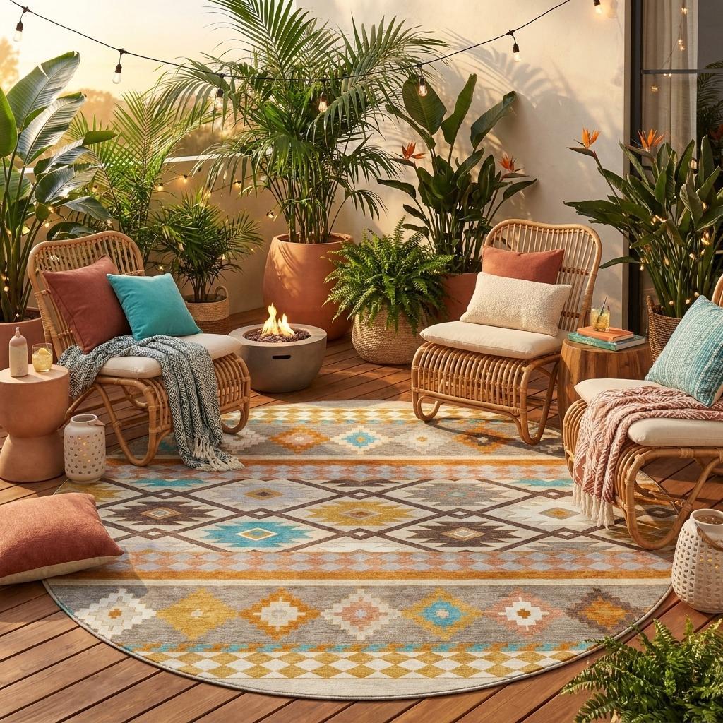8' Beige And Orange Round Southwestern Washable Indoor Outdoor Area Rug - Sports & Outdoor