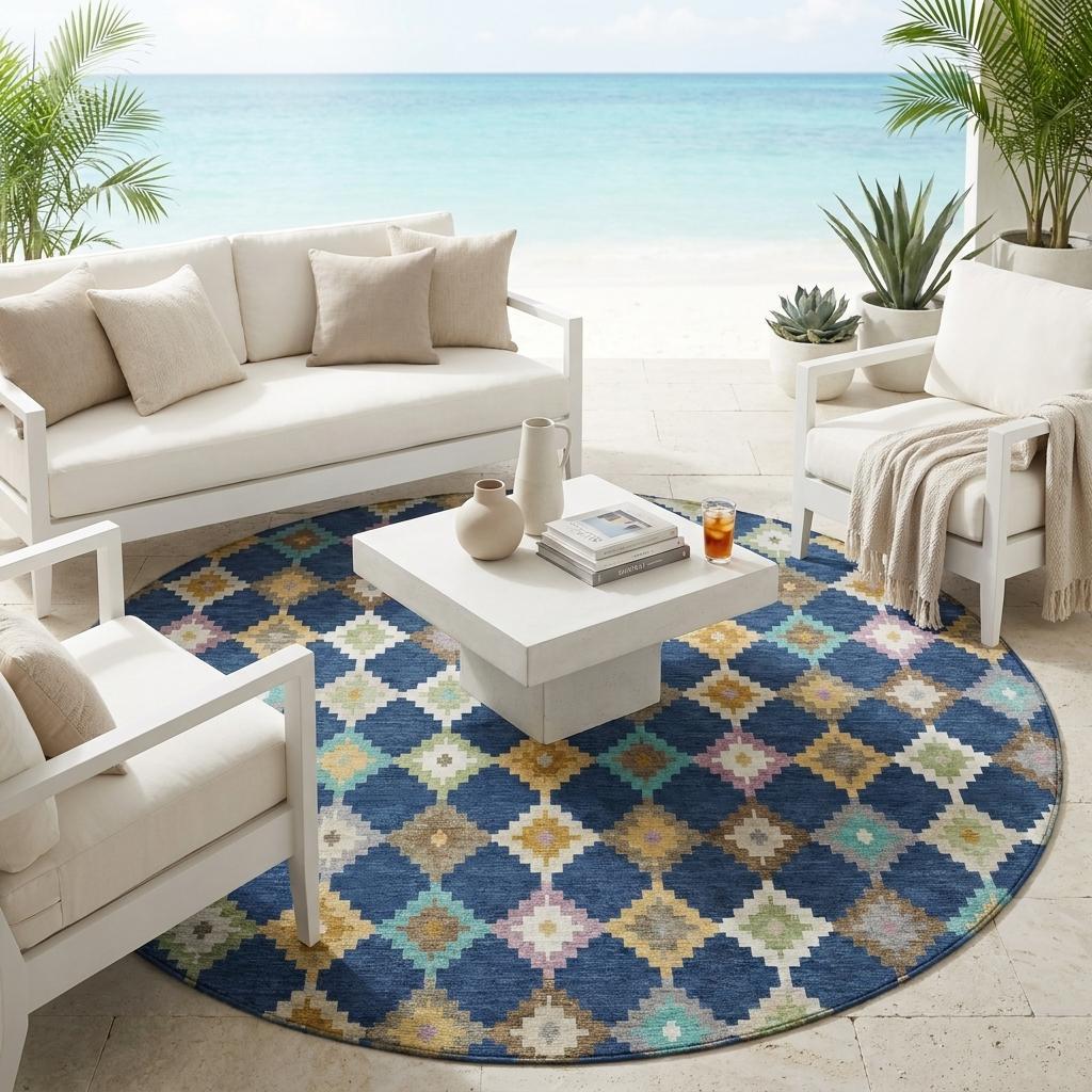 Round indoor/outdoor area rug with blue diamond pattern and multicolor accents.