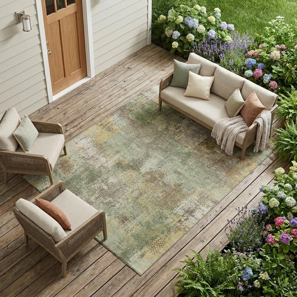 Olive green abstract area rug with washed pattern on a wooden outdoor deck.