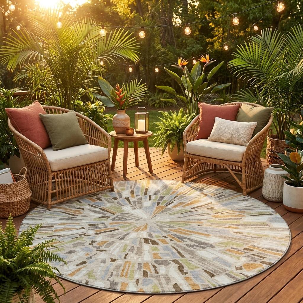 Round abstract area rug in beige and taupe, styled on outdoor patio