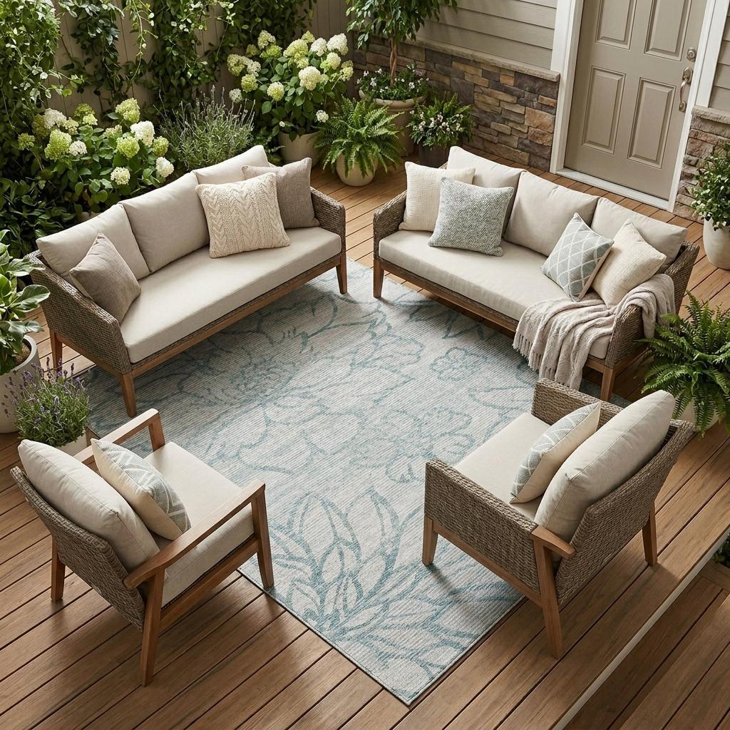Light blue and gray floral wash area rug, rectangular, with thin border lines